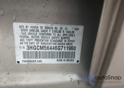 2006 Honda Accord 2.4 Lx из США, поврежденный, VIN 3HGCM56446G711960